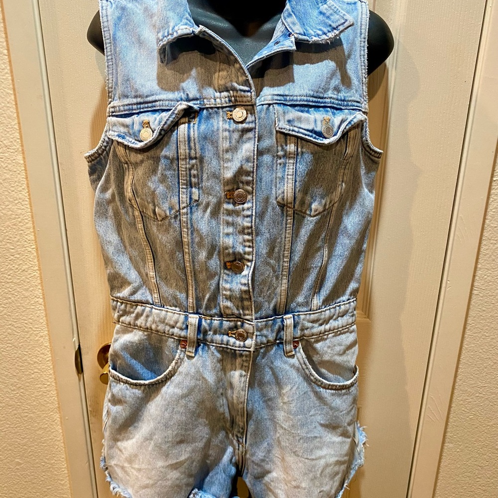 Zara Light Blue Denim Shortalls Romper